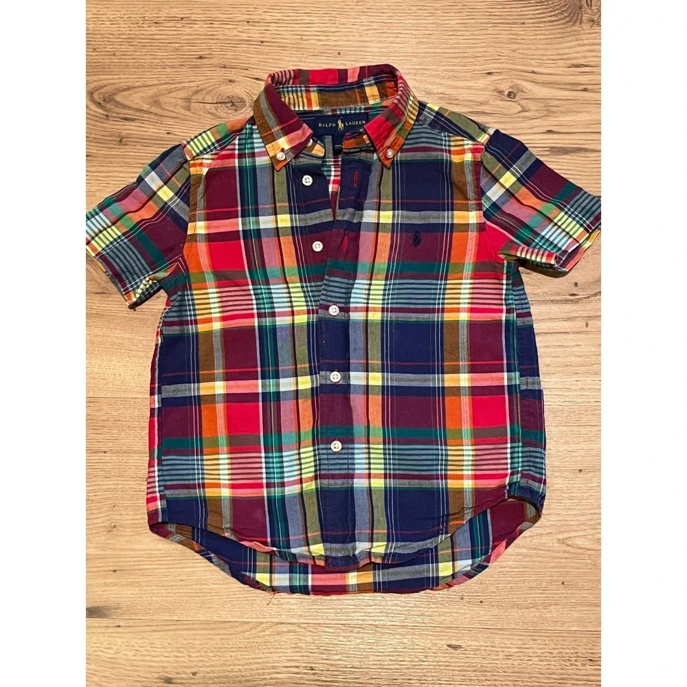 Ralph Lauren Plaid Shirt Kids Size 4 Multi Color Button Down Short Sleeve Madras